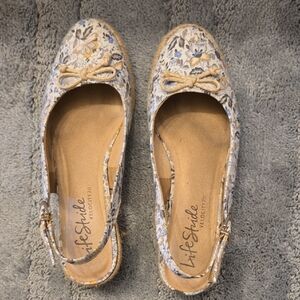 Life Stride Cream and Blue Espadrilles with Floral Design